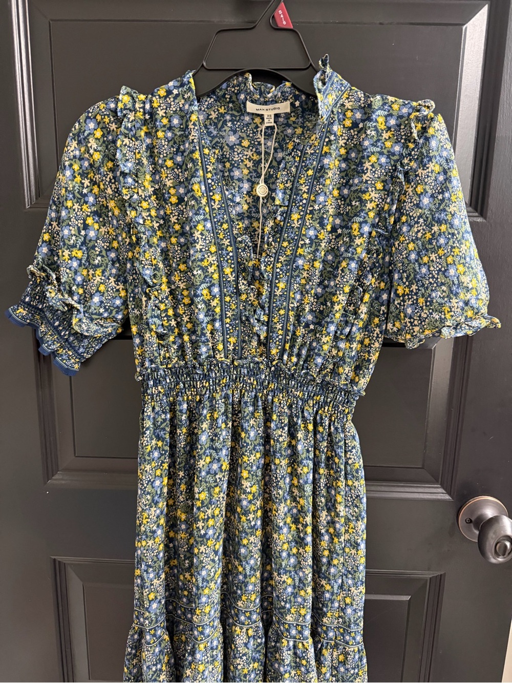 Max Studio Floral Smocked Midi Maxi Dress XS Blue Yellow Puff Sleeve - Picture 2 of 12